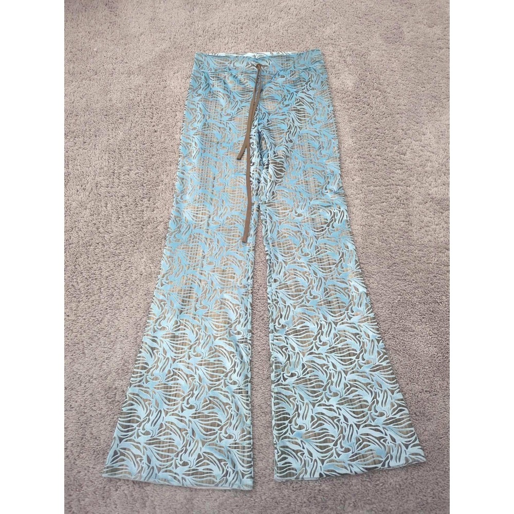 Cesar Galindo Flare Pants Womens M Blue Burnout Velvet Wide Leg Drawstring